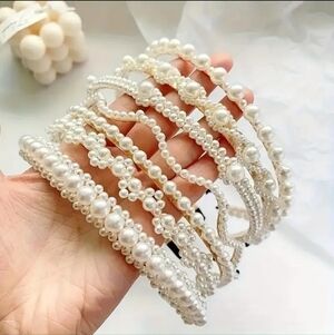 Pearl Headbands 7-Piece Set, Goldtone Metal With White Faux Pearls, Model 1
